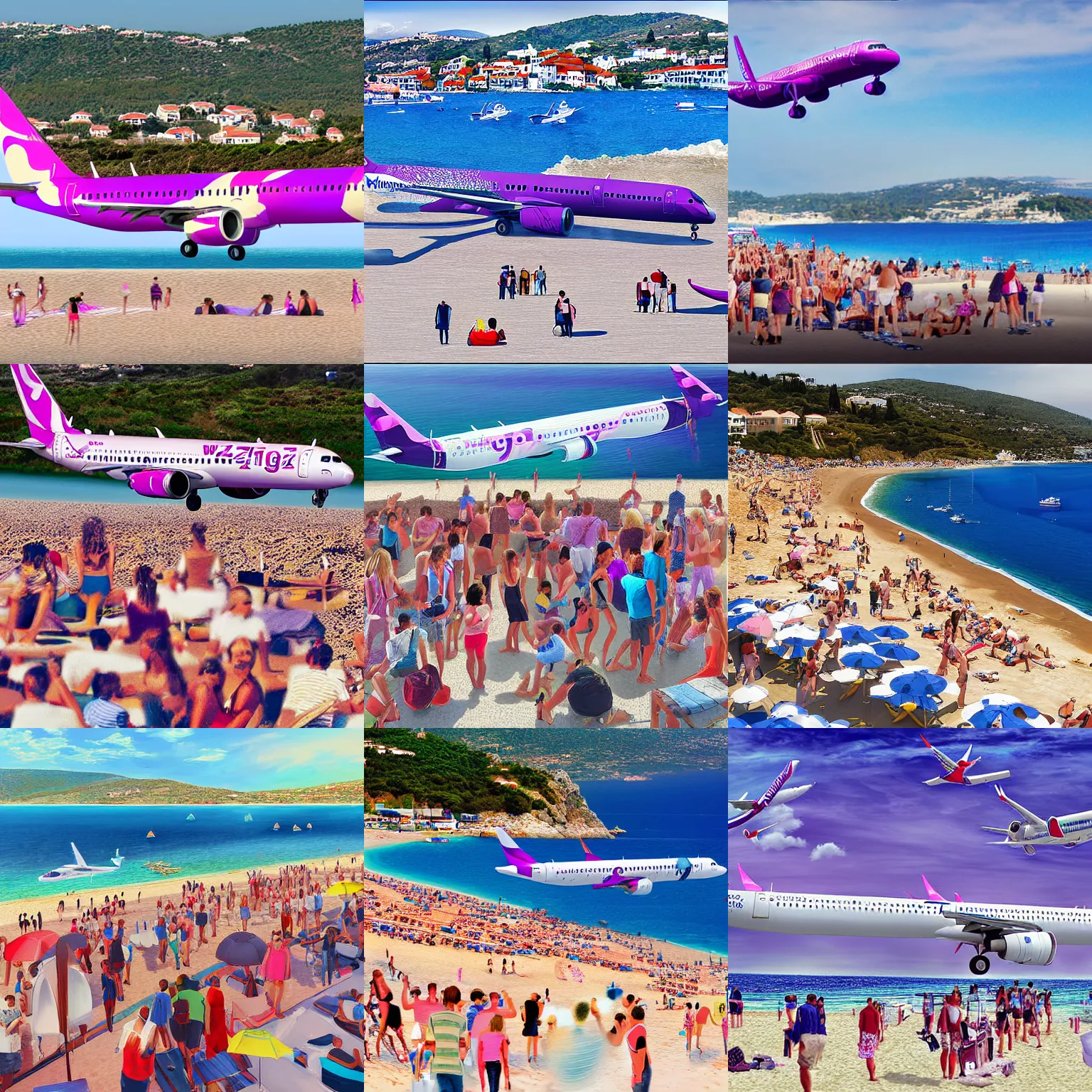Prompt: wizzair airbus a 3 2 1 neo landing at skiathos airport, low over the heads of the people on the beach, digital art