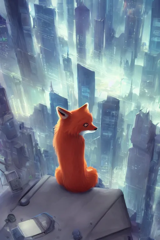 Image similar to an anthropomorphic fox with a fluffy tail staring over a futuristic city from the top of a roof, comic art, trending on furaffinity, cyberpunk, backlighting, cartoon