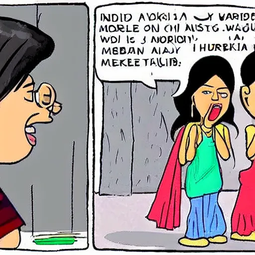 Prompt: Indian matchmaker yells at boy for choosing the wrong wife, cartoon style