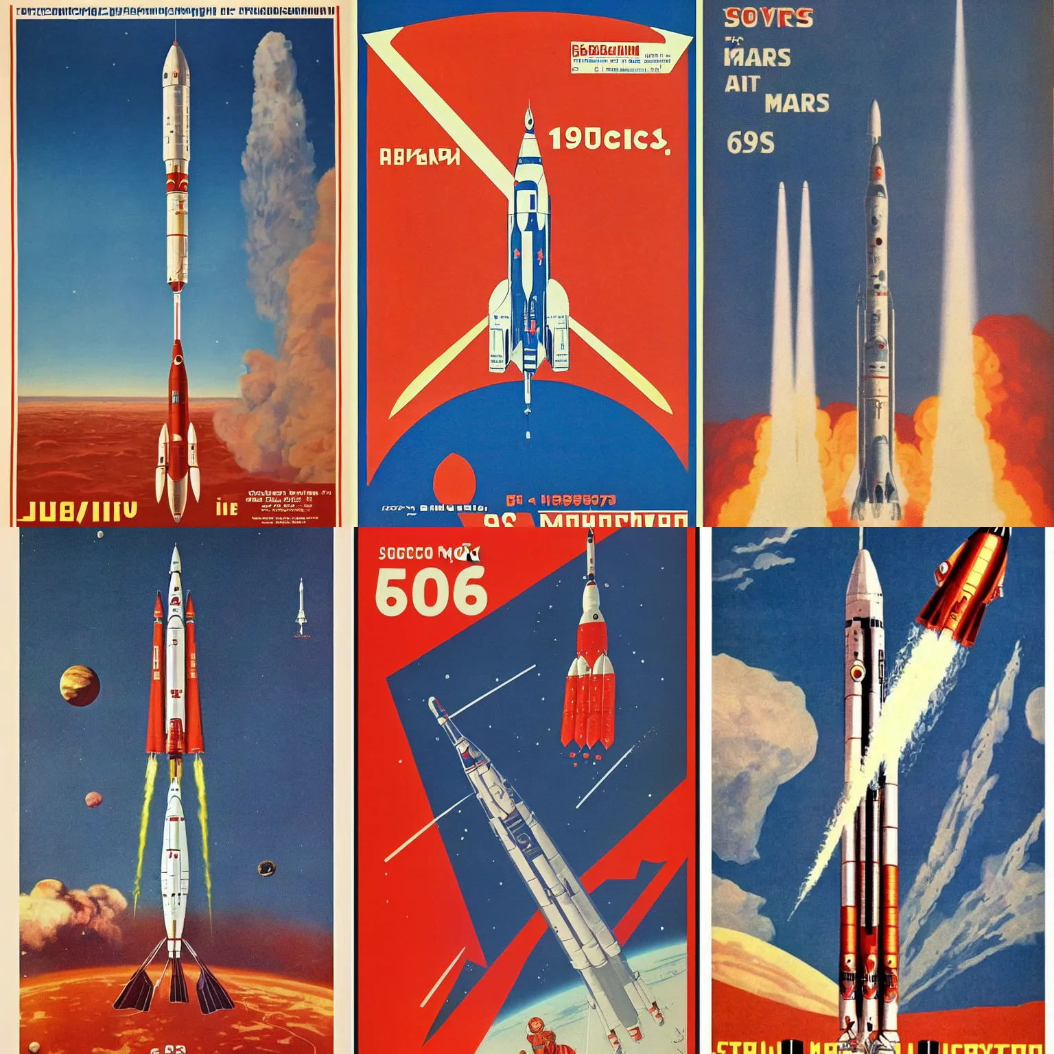 Prompt: Soviet Space craft launching for mars, 60s poster, 1962 Soviet