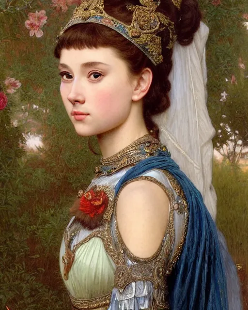 Image similar to a girl who resembles a 16-year old Audrey Hepburn and Scarlett Johansson, dressed in ornate, detailed, intricate iridescent opal armor, detailed oil painting by William Adolphe Bouguereau and Donato Giancola