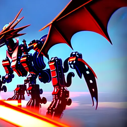 Image similar to a mecha anthro dragon floating in the sky holding a shiny red sword, hyperrealistic, unreal engine, cryengine, 3D