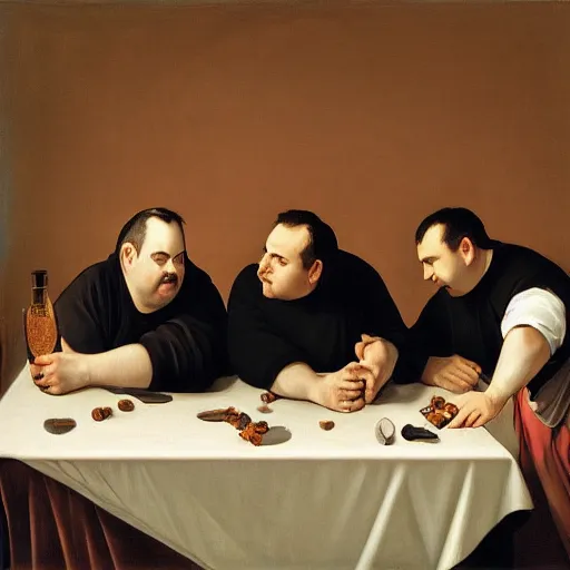 Prompt: Rich Evans, Mike Stoklasa, Jay Bauman, Red Letter Media, Caravaggio painting, depressed middle-aged men