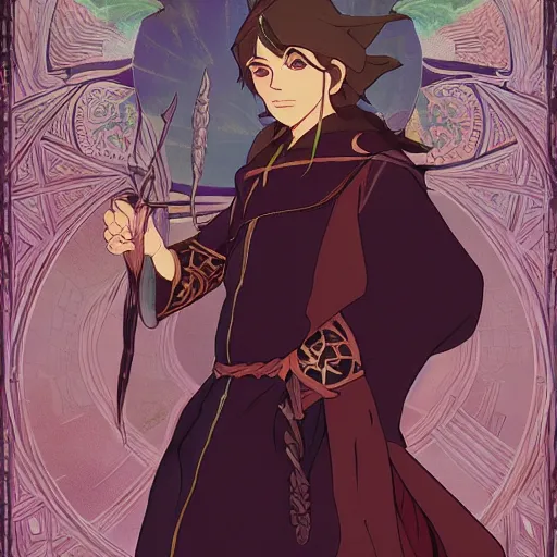 Image similar to elf wizard, dungeons and dragons, male, ornate robes, holding a wand, realistic facial features, highly detailed, illustration, Makoto Shinkai and Studio Ghibli animated film still, by Ilya Kuvshinov and Alphonse Mucha
