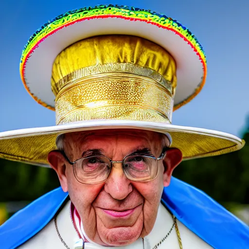 Image similar to pope john paul the 2 nd wearing a sombrero holding a taco, ( sony a 7 r iv, symmetric balance, polarizing filter, photolab, lightroom, 4 k, dolby vision, photography awardm, voque, perfect face )