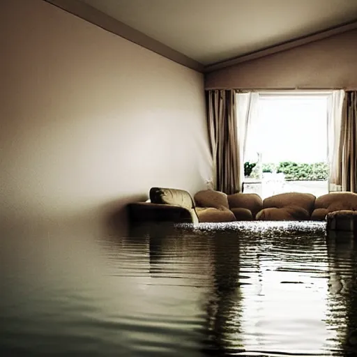 Prompt: flooded old bedroom with the lights still on, couch floating on the water