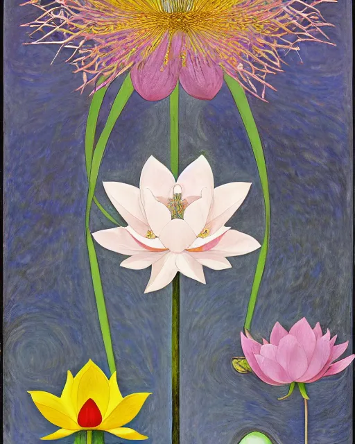 Image similar to blossoming lotus by hilma af klint, moebius, victo ngai, laurie greasly