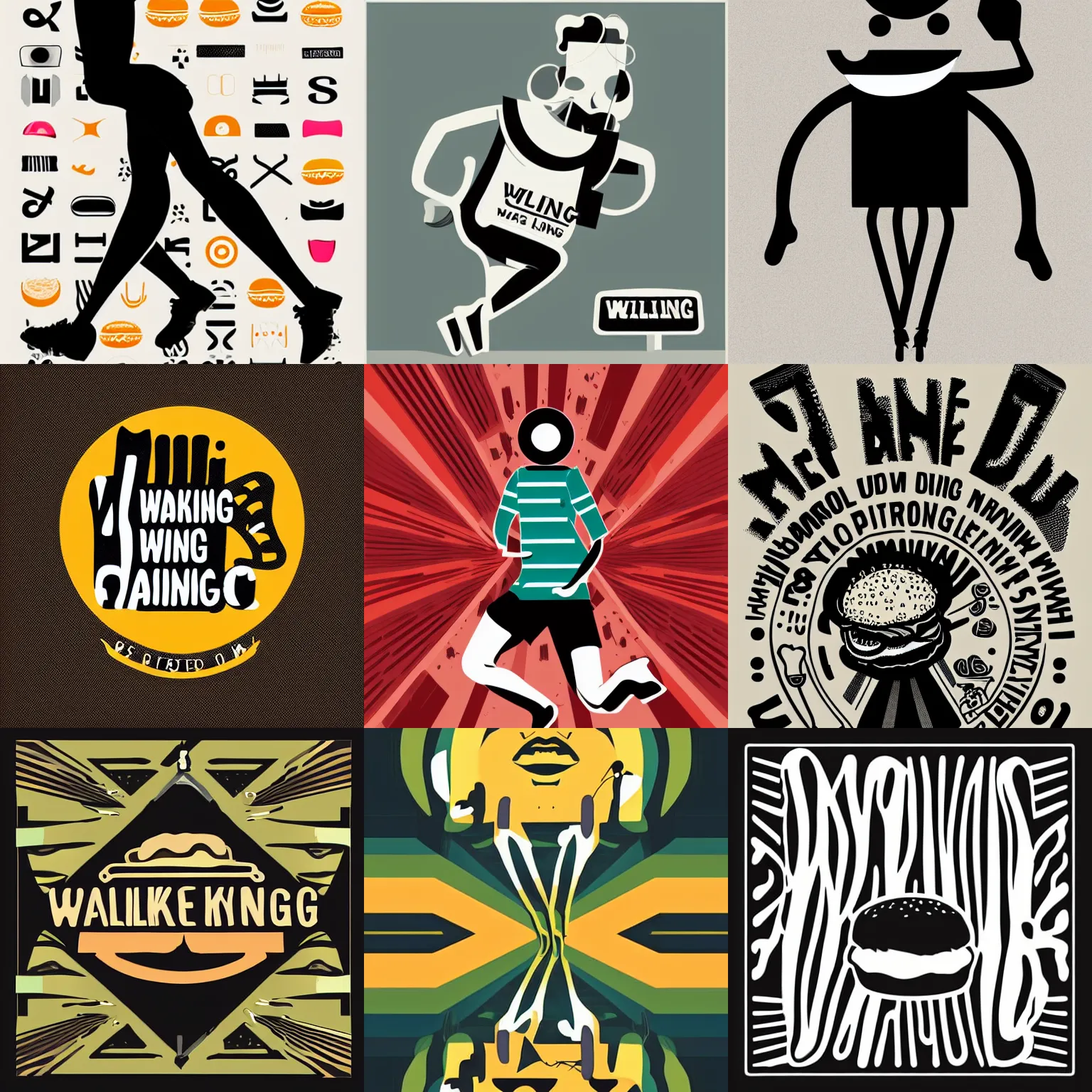 Prompt: walking running stumbling burger with legs, vector art by Alfred Manessier, behance, international typographic style