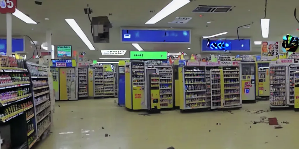 Image similar to abandoned robot android factory in a convenience store, damaged camcorder video