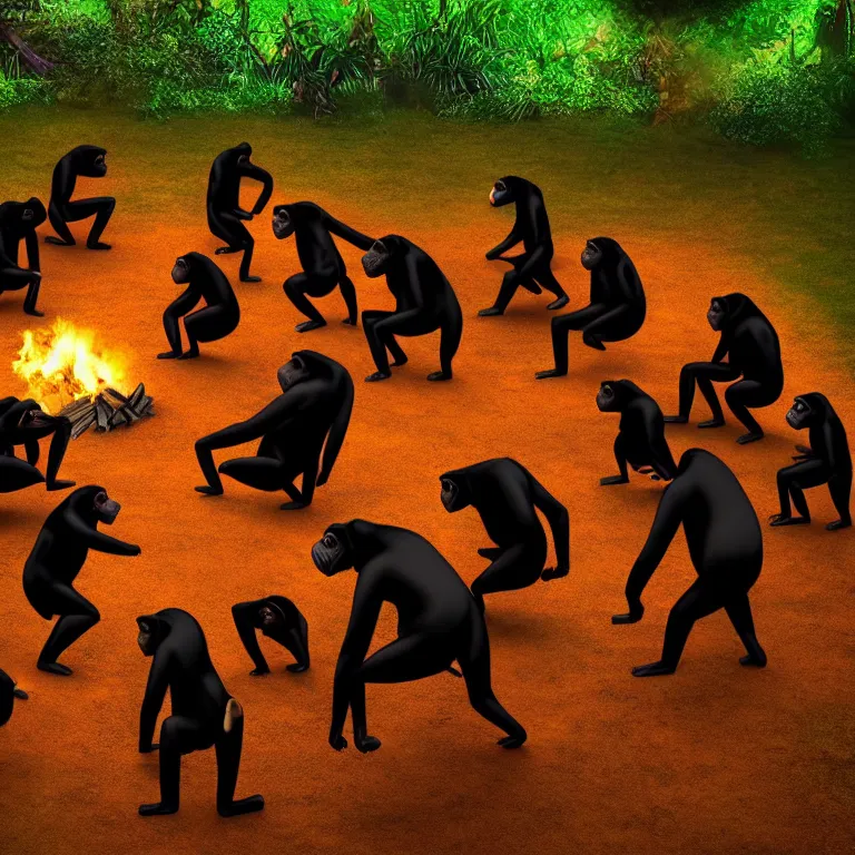 Image similar to real life 1 2 chimpanzees dancing in circle, bonfire in center, a jungle, cinematic, volumetric lighting, vivid colours, long evil shadows, f 8 aperture, cinematic eastman 5 3 8 4 film, photorealistic