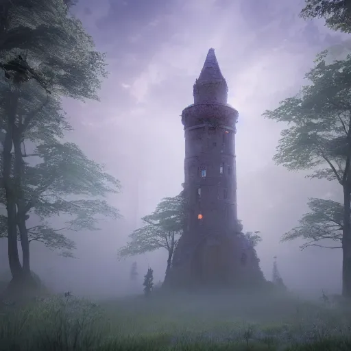 Image similar to wide angle shot of a ancient tower in a clearing of a fairytale forest, ethereal, pastel tones, mist and fog, concept art, blender render, highly detailed, 4 k, 8 k, artstation