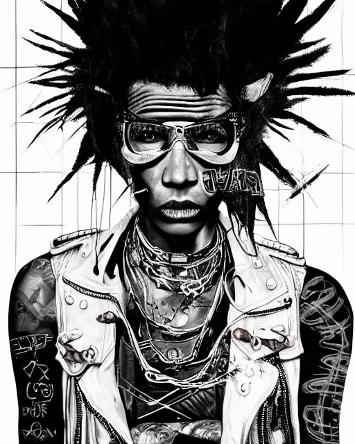 Prompt: a cyberpunk portrait of a punk rocker with mohawk by jean - michel basquiat, by hayao miyazaki by artgerm, highly detailed, sacred geometry, mathematics, snake, geometry, cyberpunk, vibrant, water