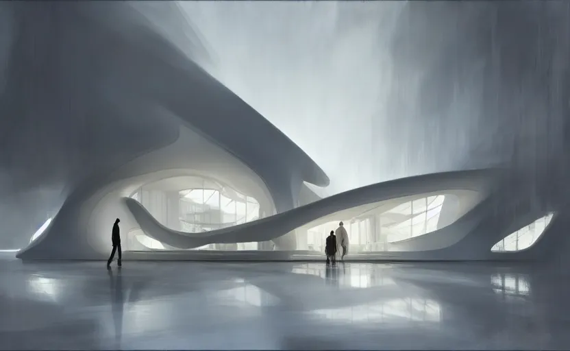 Prompt: painting of a white architecture by zaha hadid and peter zumthor painted by greg ruthkowski and craig mullins, cinematic and atmospheric lighting, archviz, archdaily