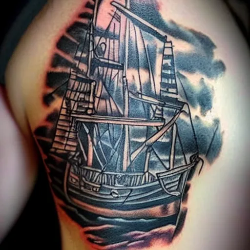 Image similar to A pirate ship tattoo design in the design of Dmitriy Samohin