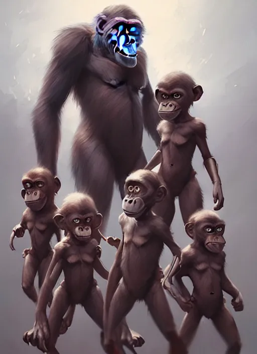Prompt: a group of anthropomorphic ape kids in super hero costumes ready for battle, perfect face anatomy, intricate, elegant, highly detailed, artstation, art by artgerm, art by greg rutkowski, anime, stylish, cyberpunk, concept art, smooth, sharp focus, wlop