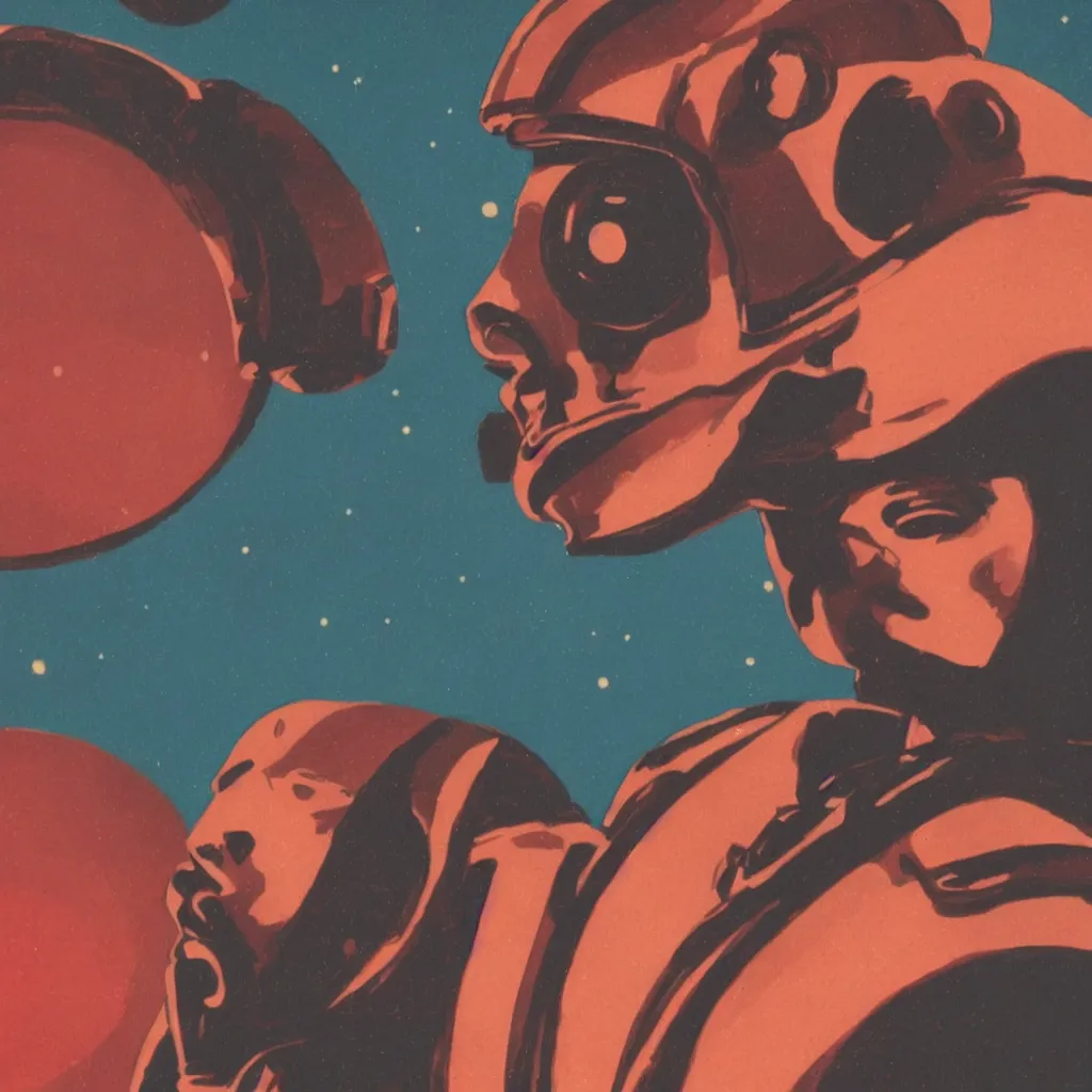 Prompt: 1940s Pulp Sci-fi style, closeup of a woman's face in a retro spacesuit with a dark red and mysterious sky.