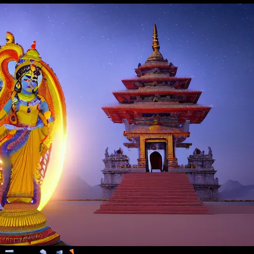 Image similar to vishnu descending from an ufo over a temple in india during the night, cinematic, unreal engine 5