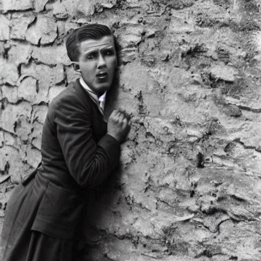 Image similar to A terrified young man in 1930s attire cornered with his back against a stone wall