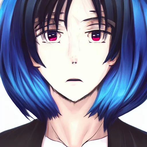 Image similar to high detailed anime portrait of man, black hair, short hair, blue eyes