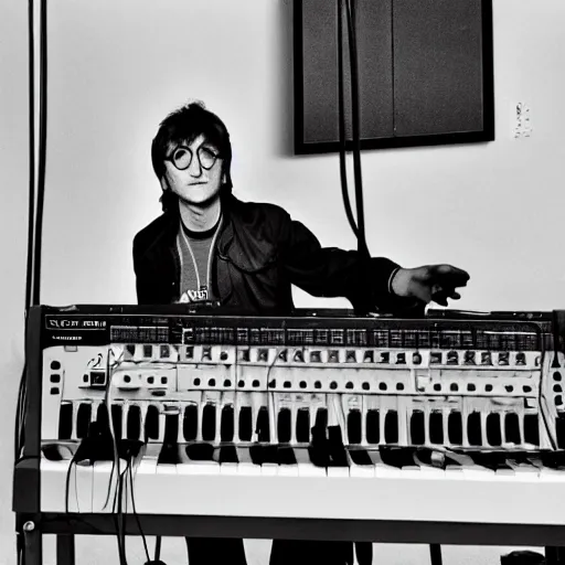 Image similar to photograph of john lennon playing modular synth with lots of wires, portrait, ultra realism, 8 k