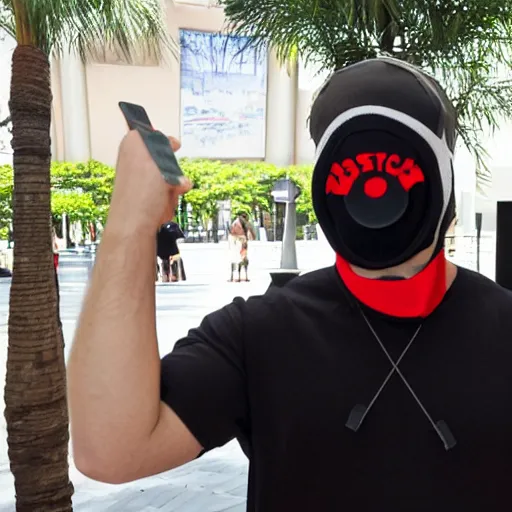 Image similar to a short stocky Italian man wearing a red ski mask over his face, with black goggles on his head, black t-shirt and light khaki cargo shorts, posing for a picture at anime matsuri convention