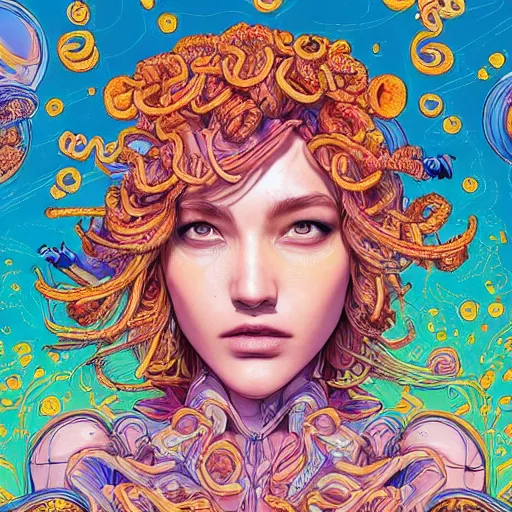 Prompt: the face of a ridiculously beautiful and pretty woman partially made of onion rings of all colors looking up, an ultrafine detailed illustration by james jean, final fantasy, intricate linework, bright colors, behance contest winner, vanitas, angular, altermodern, unreal engine 5 highly rendered, global illumination, radiant light, detailed and intricate environment