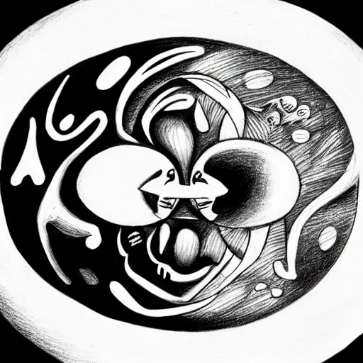 Image similar to a drawing of a pregnant robot giving birth to emerging yin - yang daoist symbol emerging from womb, black and white detailed pencil drawing dao