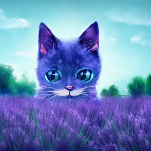 Prompt: artstation illustration of a glowing blue adorable cat in grassy field with trees in the background, lavender growing nearby, concept art,