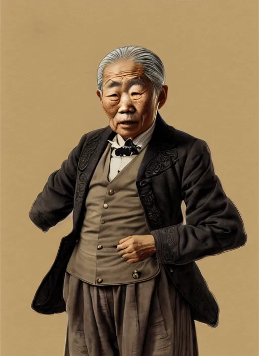 Image similar to a portrait of an old asian man with a crooked nose in victorian clothing, confident pose, intricate, elegant, sharp focus, illustration, highly detailed, concept art, matte, trending on artstation, anime, art by james jean and artgerm and brian despain and alberto mielgo, greg rutkowski, wlop, ilya kuvshinov, strong strokes