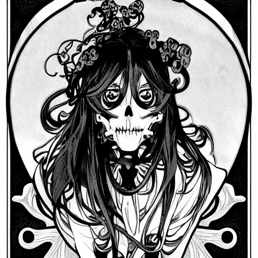 Image similar to anime manga skull portrait face skeleton illustration style by Alphonse Mucha and Jim Lee comic pop art nouveau