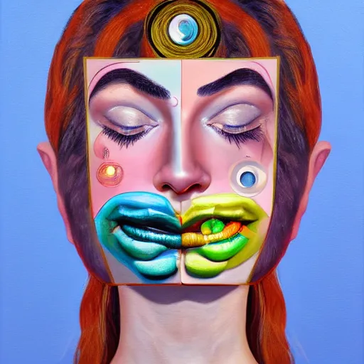 Prompt: a painting of a woman's face with many different things on her face, a surrealist painting, behance contest winner, pop surrealism, surrealist, detailed painting, poster art