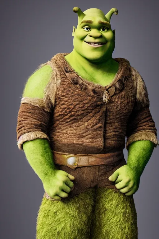 Image similar to Chris Pratt as Shrek in live action adaptation, set photograph in costume, cosplay, cover of Vogue