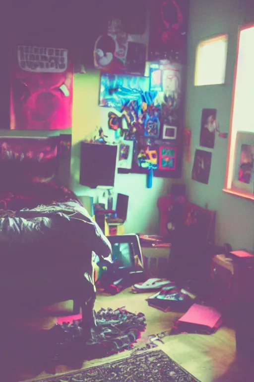 Image similar to agfa vista 4 0 0 photograph of a cluttered 9 0 s teenagers goth punk rock bedroom, synth vibe, vaporwave colors, lens flare, moody lighting, moody vibe, telephoto, 9 0 s vibe, blurry background, grain, tranquil, calm, faded!,