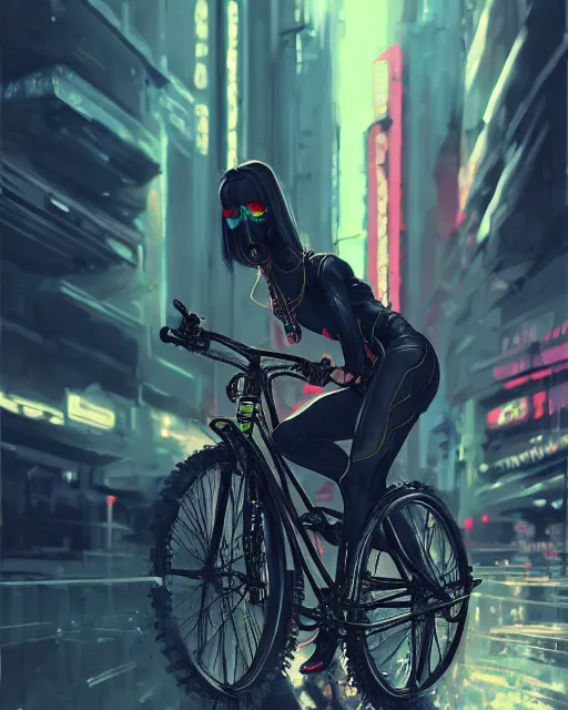 Image similar to girl wearing cyberpunk intricate streetwear riding bike, respirator, detailed portrait, cell shaded, 4 k, concept art, by wlop, ilya kuvshinov, artgerm, krenz cushart, greg rutkowski, pixiv. cinematic dramatic atmosphere, sharp focus, volumetric lighting, cinematic lighting, studio quality