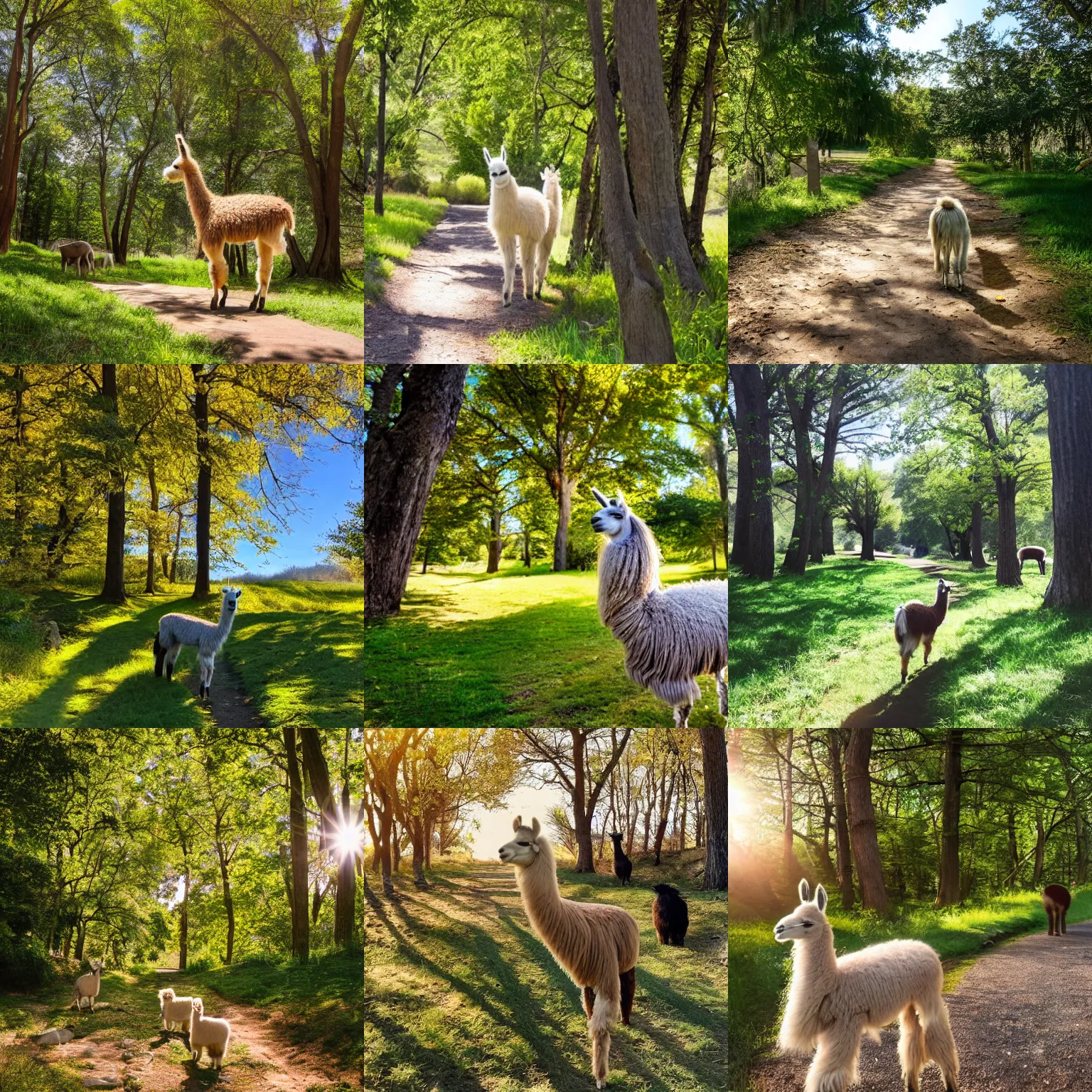 Prompt: the sunny path winds through the trees but suddenly a llama photobomb