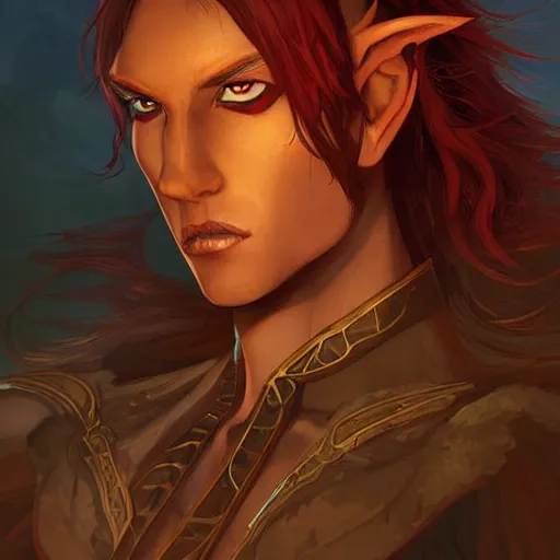 Prompt: dnd character illustration of a dark tanned half - elf with messy short red hair and golden eyes with slit pupils, androgynous, feral, beautiful, glowing, golden hour, by ross tran and gerald brom