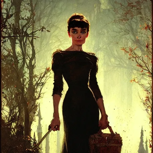 Image similar to audrey hepburn in a horror novel, various backgrounds, highly detailed, digital painting, artstation, matte, illustration, art by gaston bussiere, greg rutkowski, j. c. leyendecker