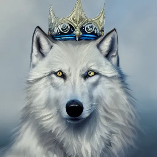 Image similar to A portrait of a white wolf wearing a crown, oil painting, masterpiece, artstation