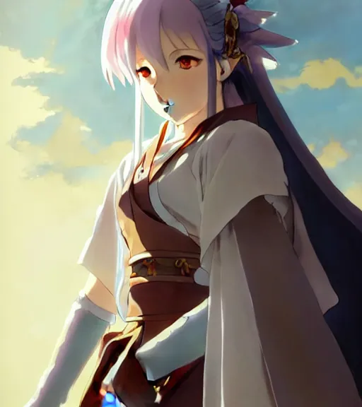 Image similar to cel - shaded beautiful anime girl in a fantasy cleric outfit, trending on pixiv fanbox, painted by greg rutkowski, makoto shinkai, takashi takeuchi studio ghibli, yoshiyuki tomino, ayami kojima