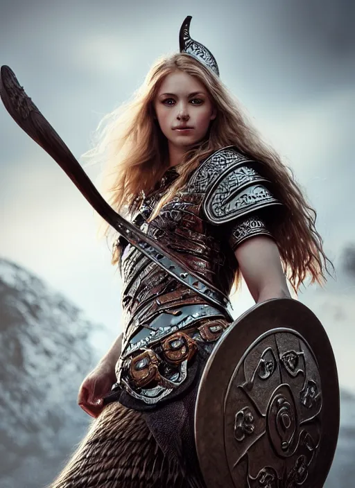 Image similar to photo of a gorgeous viking queen in armor in the style of stefan kostic, realistic, sharp focus, 8 k high definition, insanely detailed, intricate, elegant, art by stanley lau and artgerm