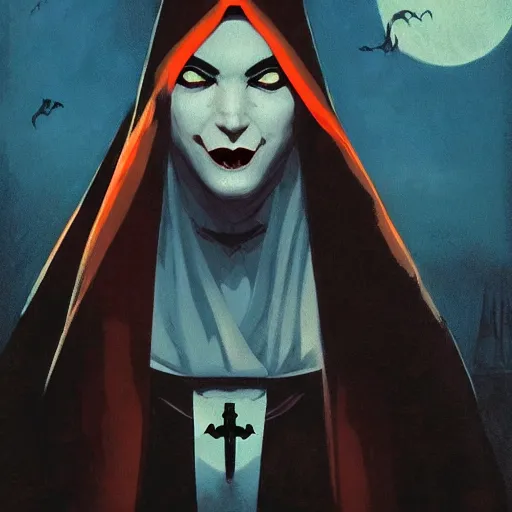 Image similar to scary vampire nun, evil grin, closeup, cinematic, powerful, super detailed and intricate, by koson ohara, by darwyn cooke, by greg rutkowski, by satoshi kon