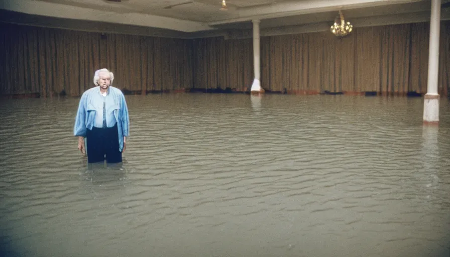 Image similar to 7 0 s movie still of an old man standing in a soviet ballroom flooded in mud, cinestill 8 0 0 t 3 5 mm, heavy grain, high quality, high detail