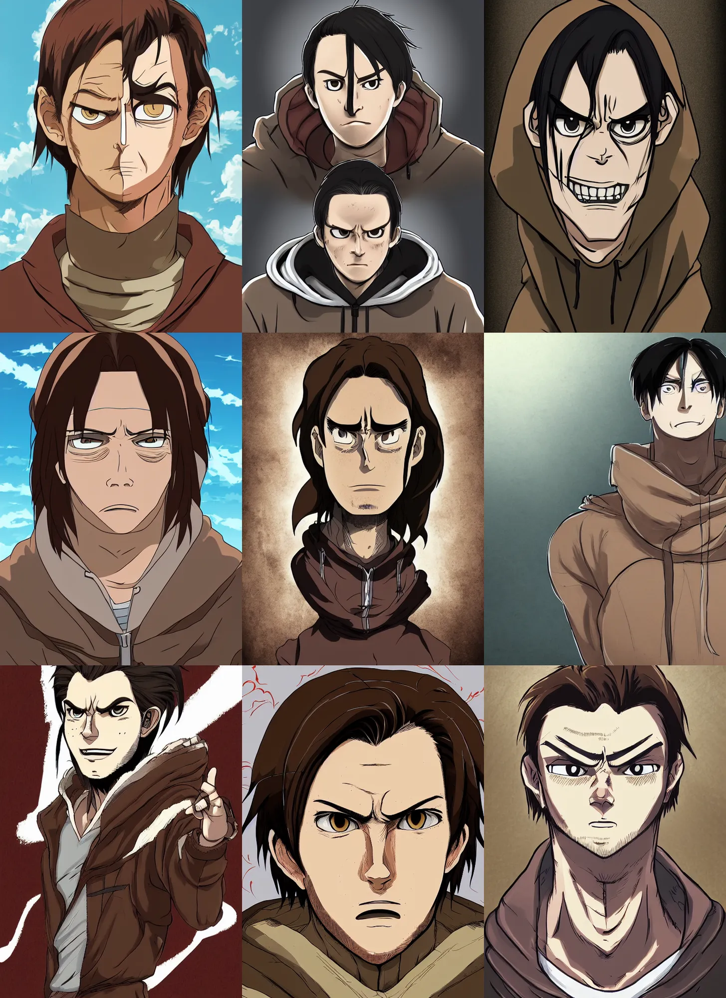 Prompt: portrait of a man in his late twenties with longish brown hair tied back, widows peak and a round face wearing a hoody in the style of attack on titan, digital art