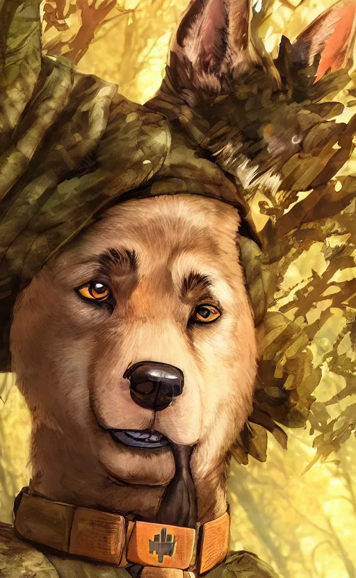 Image similar to close up character portrait icon of the german shepard beast - man military uniform head animal person wearing clothes standing in the bright forest, hidari, color page, tankoban, 4 k, tone mapping, akihiko yoshida