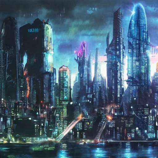 Prompt: godzilla cyberpunk cityscape, painted by bob ross