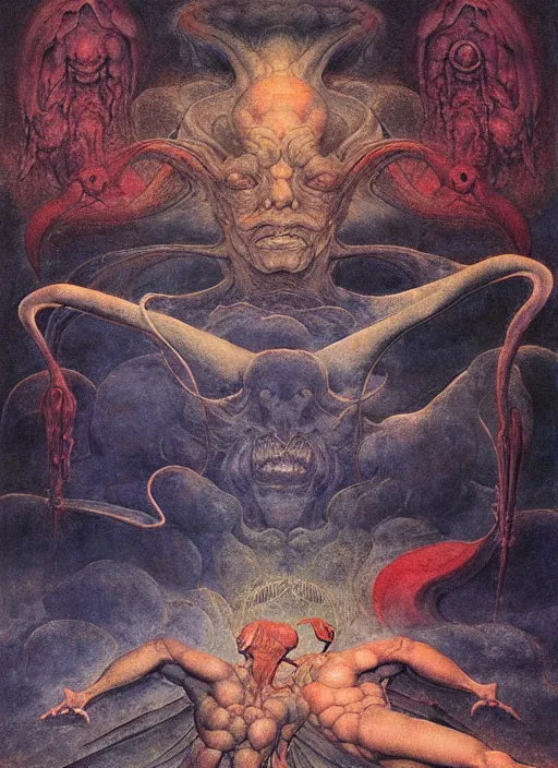 Prompt: eternal battle between good and evil , psx game graphics , painting by Beksinski and Moebius and Takato Yamamoto, by William Blake, Austin Osman Spare, high resolution, ultra detailed