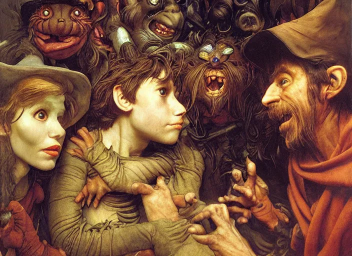 Image similar to jim henson's labyrinth. five goblins. by edgar maxence and caravaggio and michael whelan and delacroix style, artistic