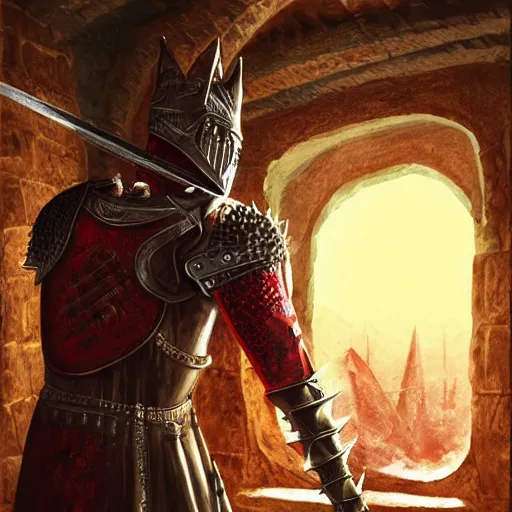 Image similar to red knight, fantasy art, located in a castle, legendary spiky armor, red sunlight through the window, decorated, high quality, highly detailed,