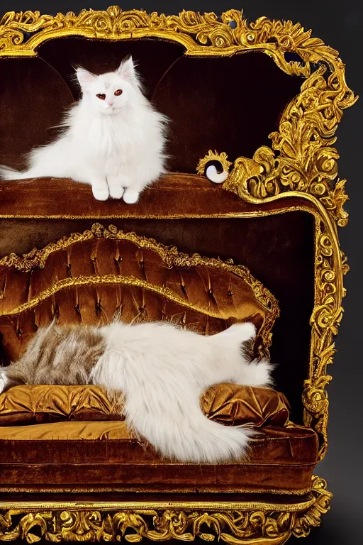 Image similar to tintype photography, portrait of a royal cat in his royal robes, outrageously fluffy, on an embroidered velvet cushion on a neo - rococo gilded little bed, by david lachapelle, photorealistic, photography, wide shot