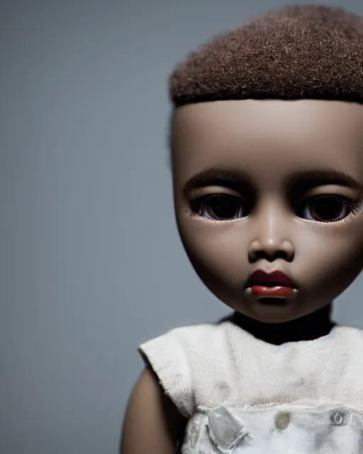 Image similar to high quality presentation photo of a cute Kanye West porcelain doll in the style of mark ryden photography 4k, f1.8 anamorphic, bokeh, 4k, Canon, Nikon